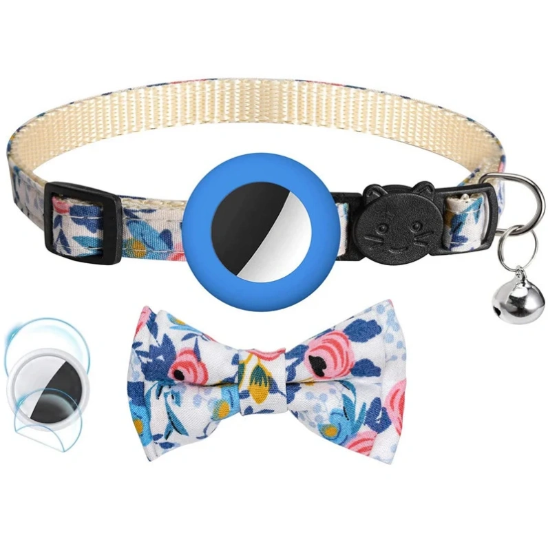 For Apple Airtag Case Adjustable Cat Bell Collar with Printed Bow 2 Ways Pet Collar GPS Finder Anti-lost Location Tracker Case