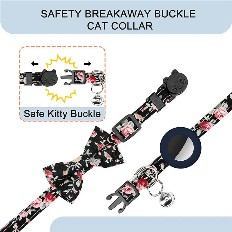 For Apple Airtag Case Adjustable Cat Bell Collar with Printed Bow 2 Ways Pet Collar GPS Finder Anti-lost Location Tracker Case