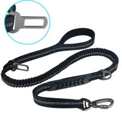 Custom Multi-functional Pet Car Safety Belt Dog Leash Durable Running Reflective Solid Ribbons Nylon Double Handle Adjustable