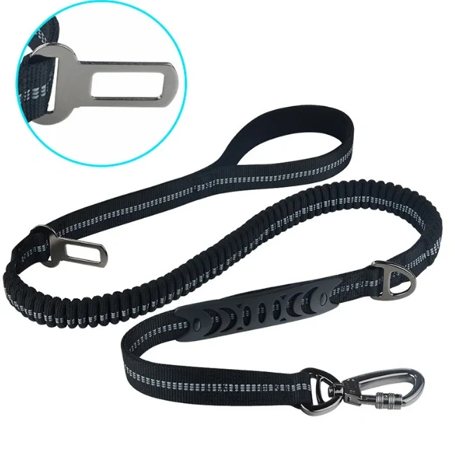 Custom Multi-functional Pet Car Safety Belt Dog Leash Durable Running Reflective Solid Ribbons Nylon Double Handle Adjustable