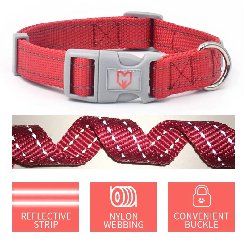 Wholesale High-end Nylon Dog Collar with Adjustable Reflective Thread Design and Customizable Color and Micro logo