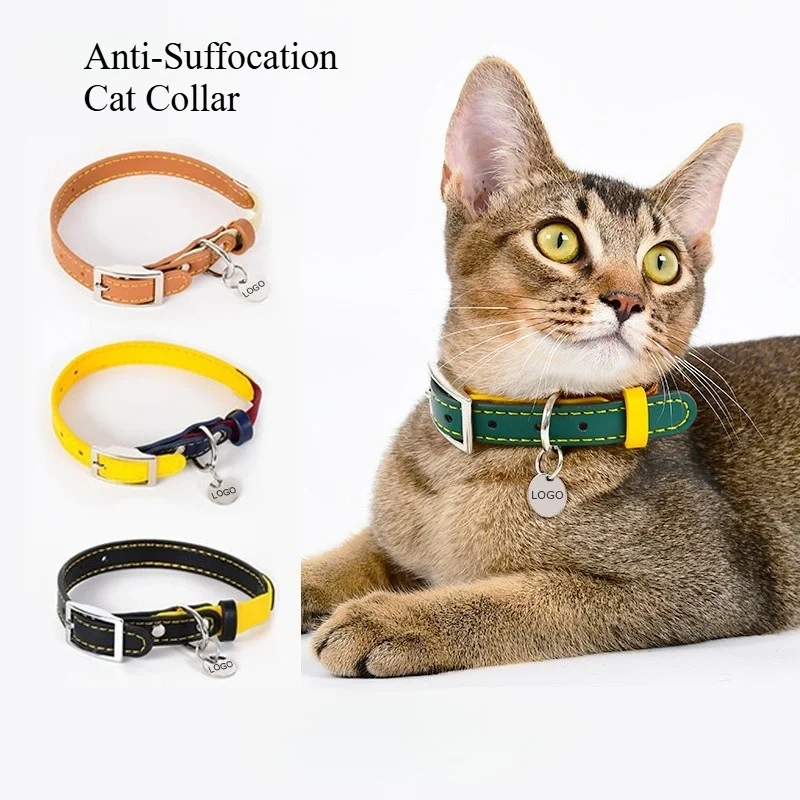 Vintage Leather Cat Collar Anti-Suffocation Stretch Waterproof Leather Cat Collar Pet Collar Suitable for Small Dogs and Cats