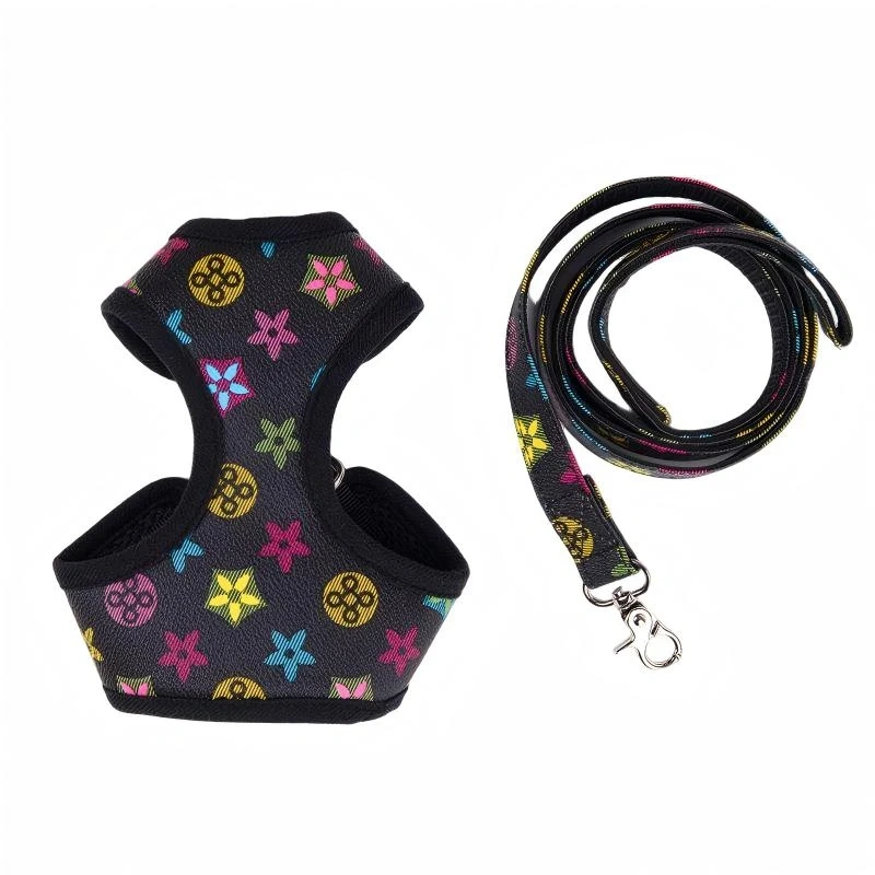 Designer Dog Harness and Leashes Set Classic Pattern Pets Collars Leash Breathable Mesh Pet Harnesses for Small Dogs Poodle Schn