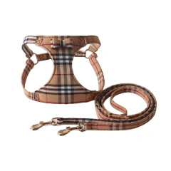 Amingge New Pet Supplies British Plaid Large PAI Chest Harness Bow Tie Set Retractable Double-Hook Leash
