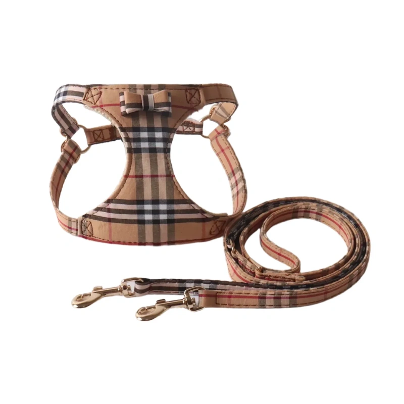 Amingge New Pet Supplies British Plaid Large PAI Chest Harness Bow Tie Set Retractable Double-Hook Leash