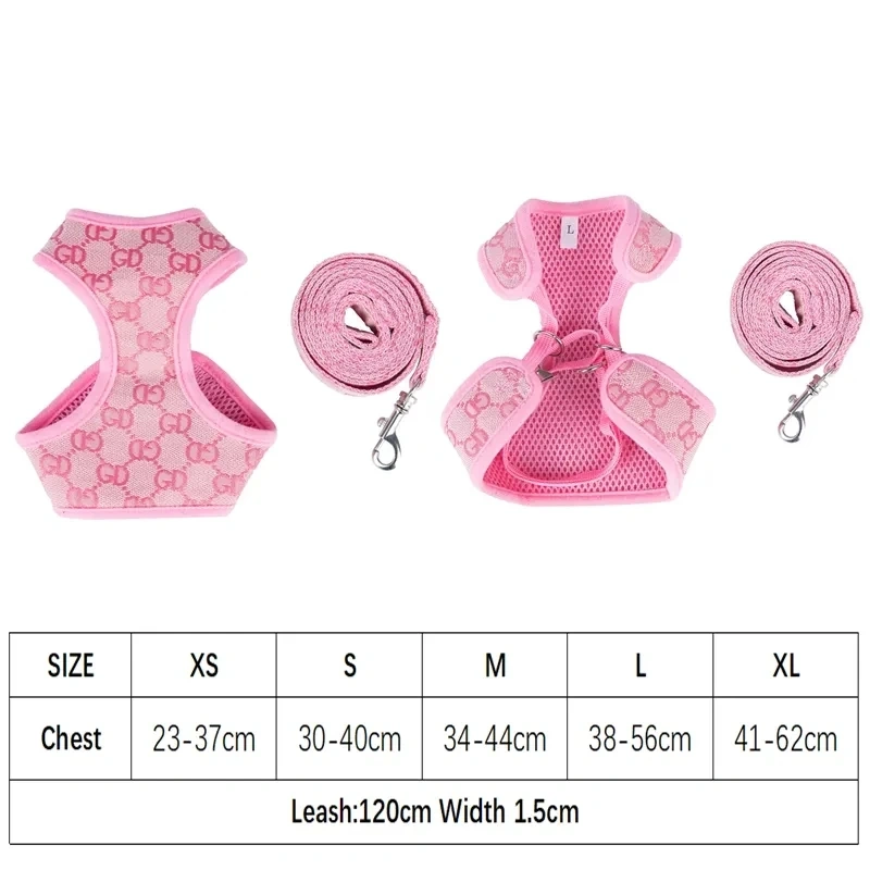 Designer Dog Harness and Leashes Set Classic Pattern Pets Collars Leash Breathable Mesh Pet Harnesses for Small Dogs Poodle Schn