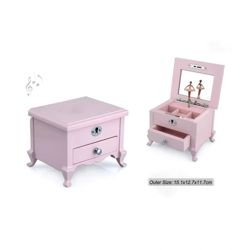 Small Pink Wooden Ballerina Musical Jewelry Box with Mirror and Lock for Girls，Kid's Jewelry Storage Music Box, Gift for Christ