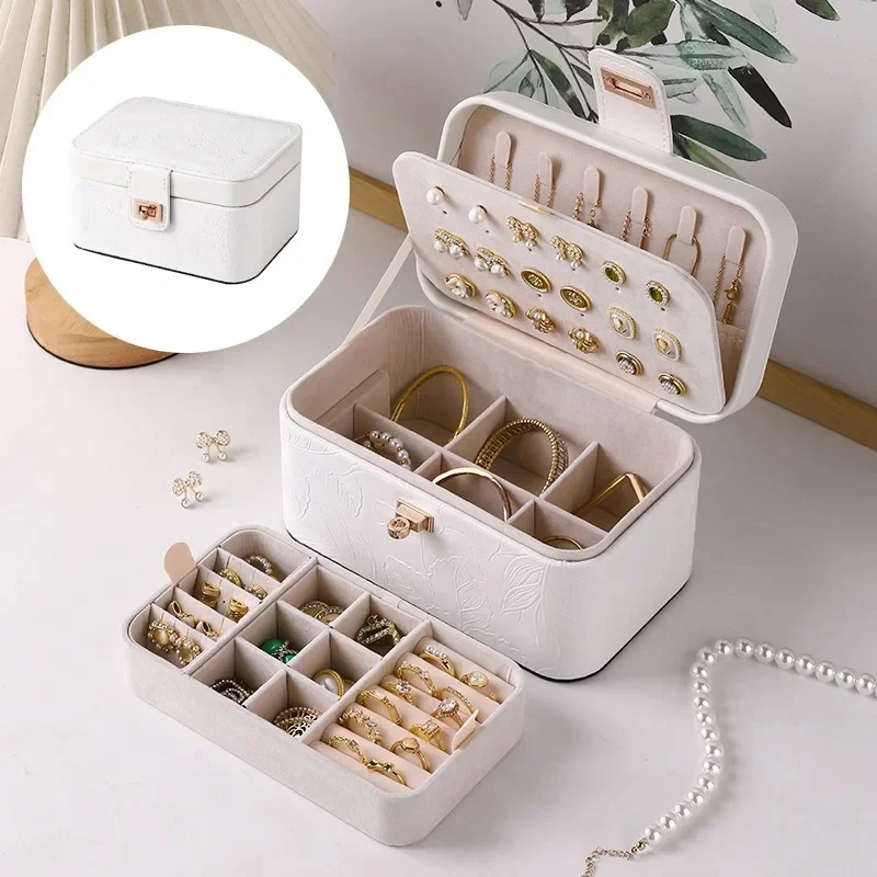 High-End Jewelry Box Travel Large Capacity Ring Necklace Storage Box Floral Pattern Jewelry Ring Necklace Packaging Box