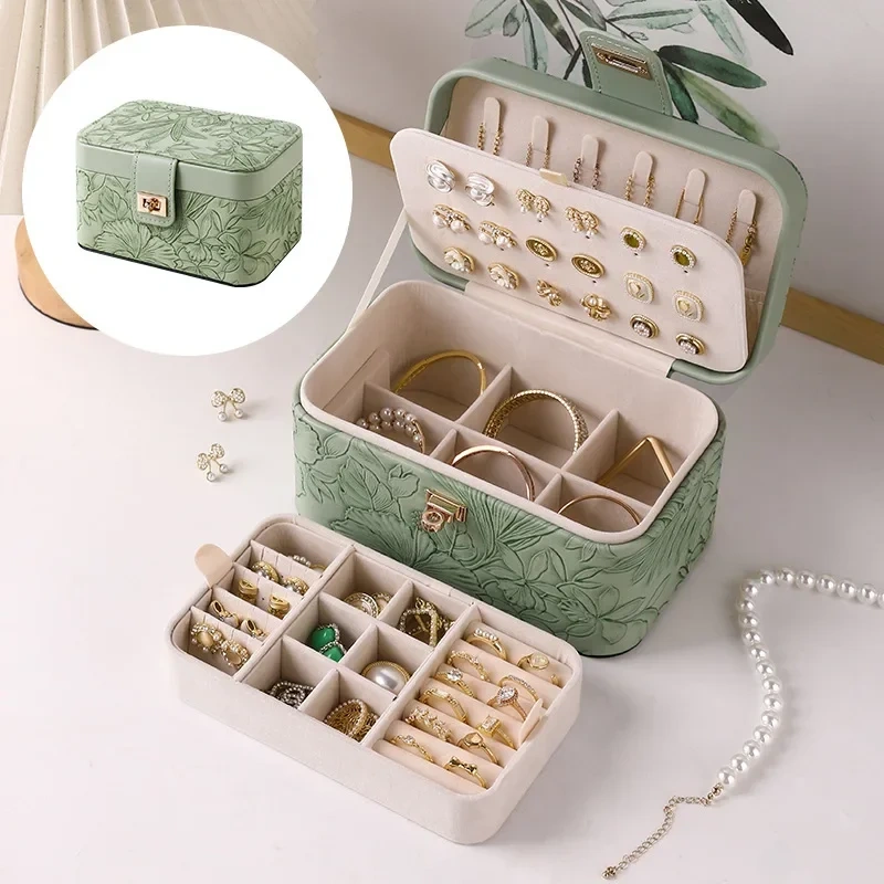 High-End Jewelry Box Travel Large Capacity Ring Necklace Storage Box Floral Pattern Jewelry Ring Necklace Packaging Box