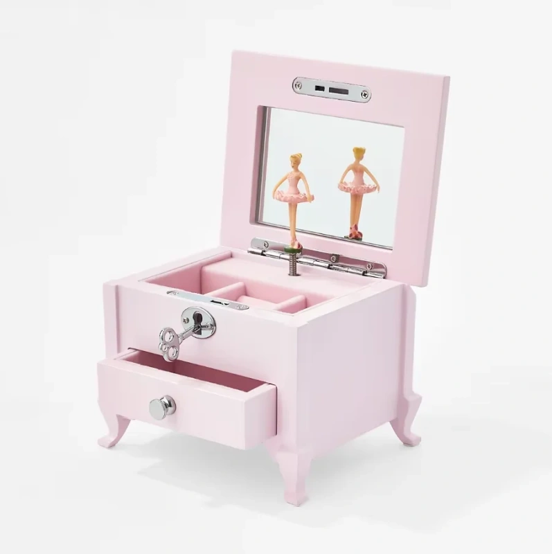 Small Pink Wooden Ballerina Musical Jewelry Box with Mirror and Lock for Girls，Kid's Jewelry Storage Music Box, Gift for Christ