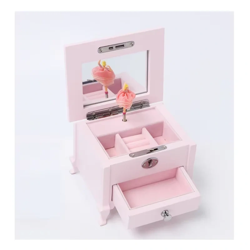 Small Pink Wooden Ballerina Musical Jewelry Box with Mirror and Lock for Girls，Kid's Jewelry Storage Music Box, Gift for Christ