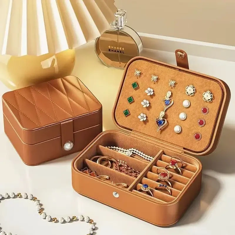 Portable High-End Gold Jewelry Box Multi-Functional Necklace Earring Stud Earring Storage Case Retro Elegant PU Cosmetic Bag