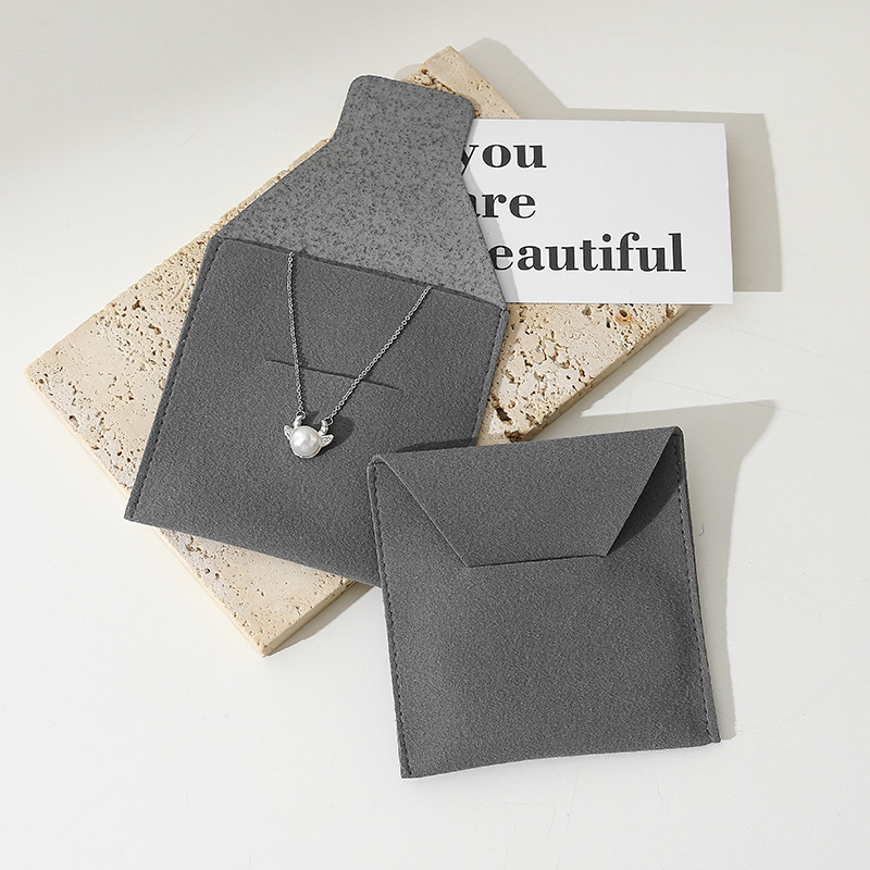 Custom Wholesale Grey Microfiber Snap-button Envelope Bag for Rings and Jewelry Storage