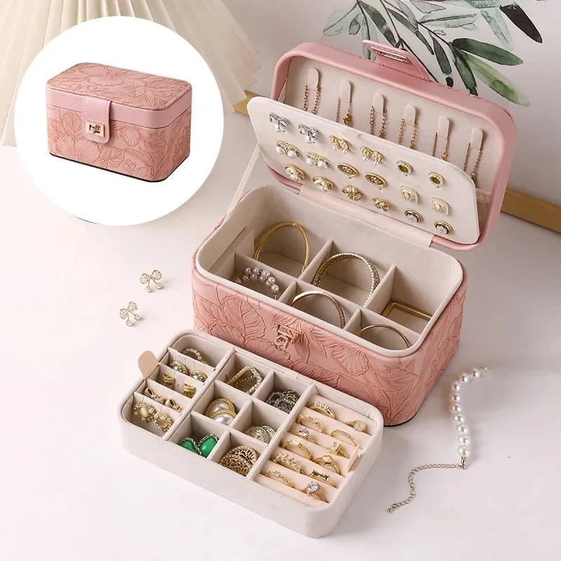 High-End Jewelry Box Travel Large Capacity Ring Necklace Storage Box Floral Pattern Jewelry Ring Necklace Packaging Box