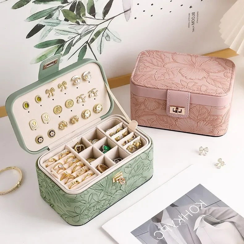 High-End Jewelry Box Travel Large Capacity Ring Necklace Storage Box Floral Pattern Jewelry Ring Necklace Packaging Box