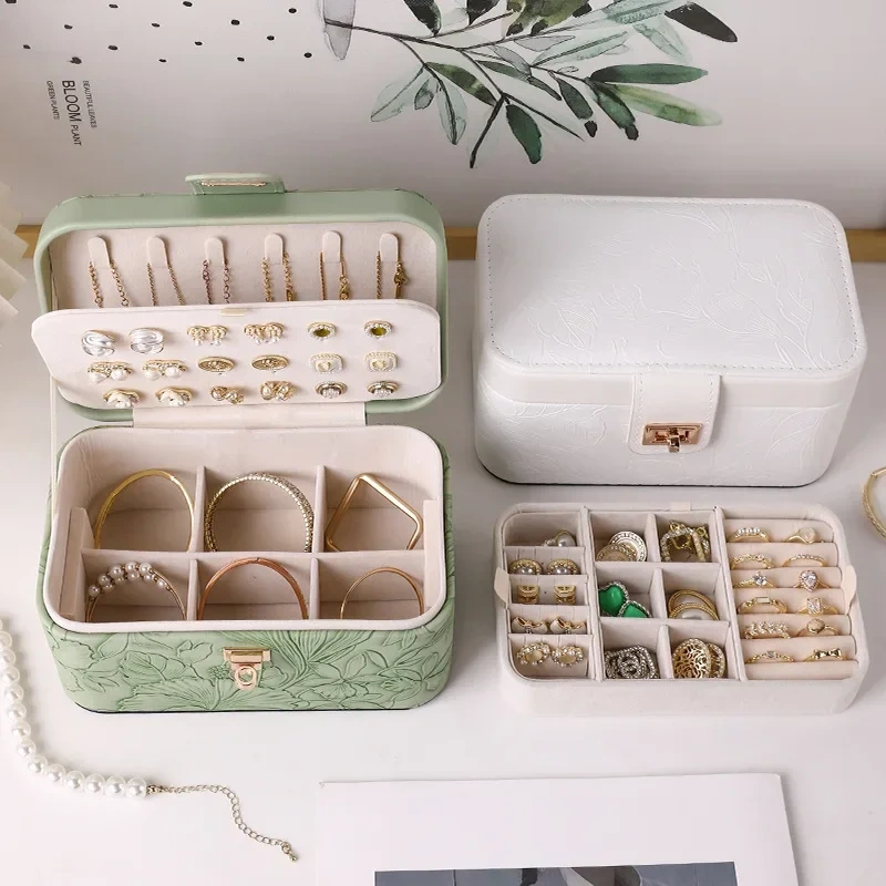 High-End Jewelry Box Travel Large Capacity Ring Necklace Storage Box Floral Pattern Jewelry Ring Necklace Packaging Box