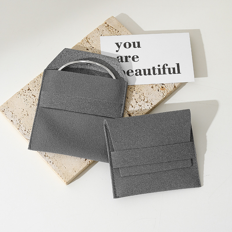 Custom Wholesale Grey Microfiber Snap-button Envelope Bag for Rings and Jewelry Storage