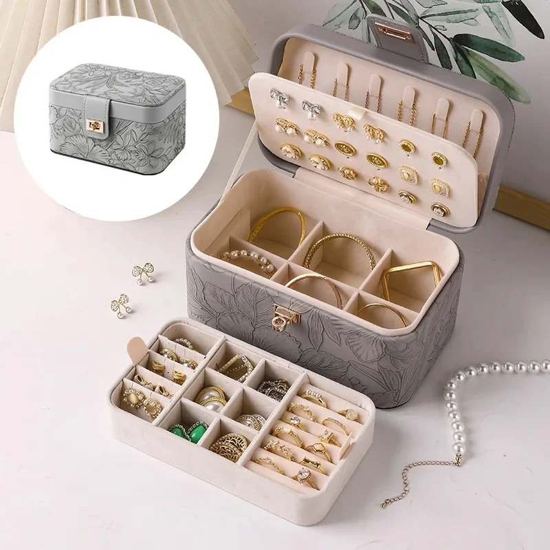 High-End Jewelry Box Travel Large Capacity Ring Necklace Storage Box Floral Pattern Jewelry Ring Necklace Packaging Box