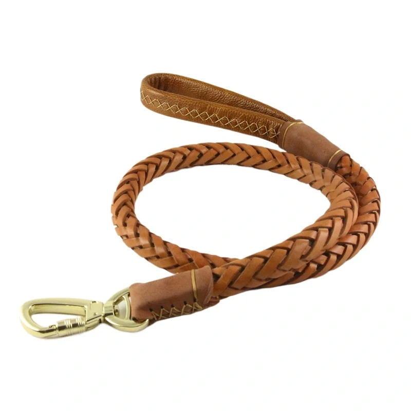 Thick 8-strand woven pet dog leash yellow cowhide safety hook medium and large dog leash dog leash
