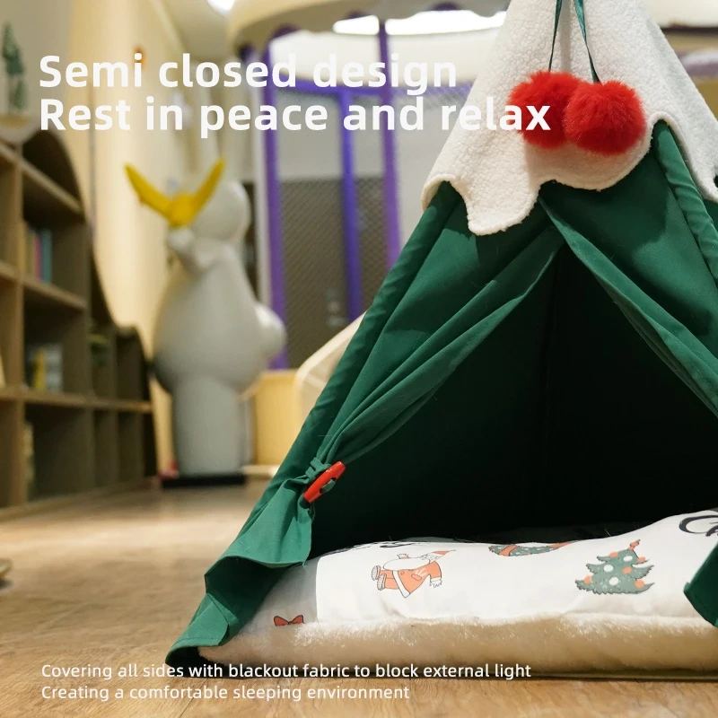 Solid Pattern Wood and Fiber Christmas Pet Tent With Mat Outdoor Dog Tent Beds for Cats