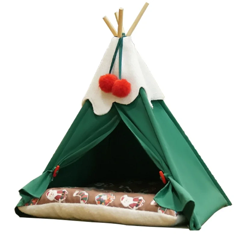 Solid Pattern Wood and Fiber Christmas Pet Tent With Mat Outdoor Dog Tent Beds for Cats