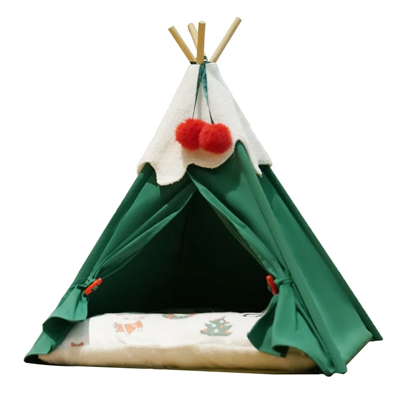 Solid Pattern Wood and Fiber Christmas Pet Tent With Mat Outdoor Dog Tent Beds for Cats