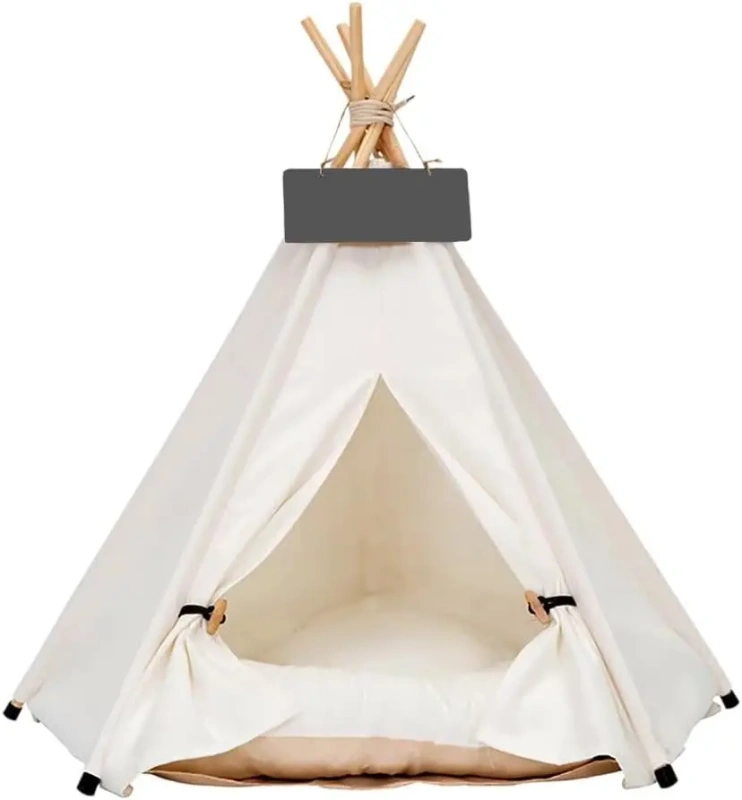 Foldable Canvas Pet Teepee Tent with Cushion for Home Indoor Pet Resting Pet Room
