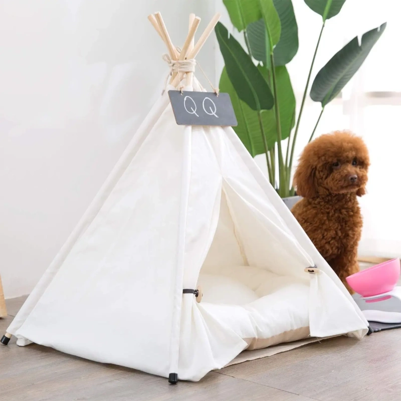 Foldable Canvas Pet Teepee Tent with Cushion for Home Indoor Pet Resting Pet Room