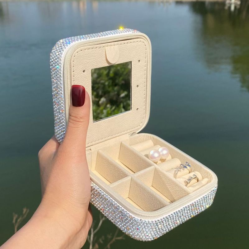 Luxury Diamond-Studded Mirror Multifunctional Ring, Earrings, Necklace, Square Jewelry Box