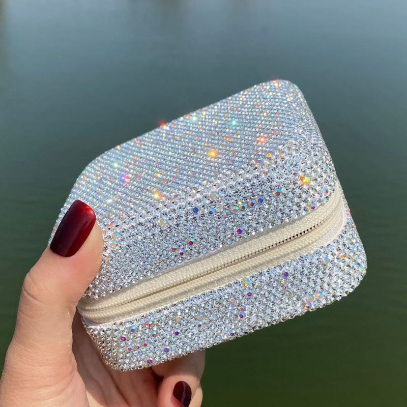 Luxury Diamond-Studded Mirror Multifunctional Ring, Earrings, Necklace, Square Jewelry Box