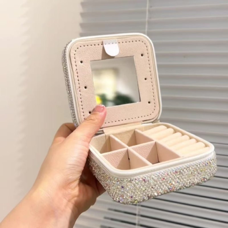 Luxury Diamond-Studded Mirror Multifunctional Ring, Earrings, Necklace, Square Jewelry Box
