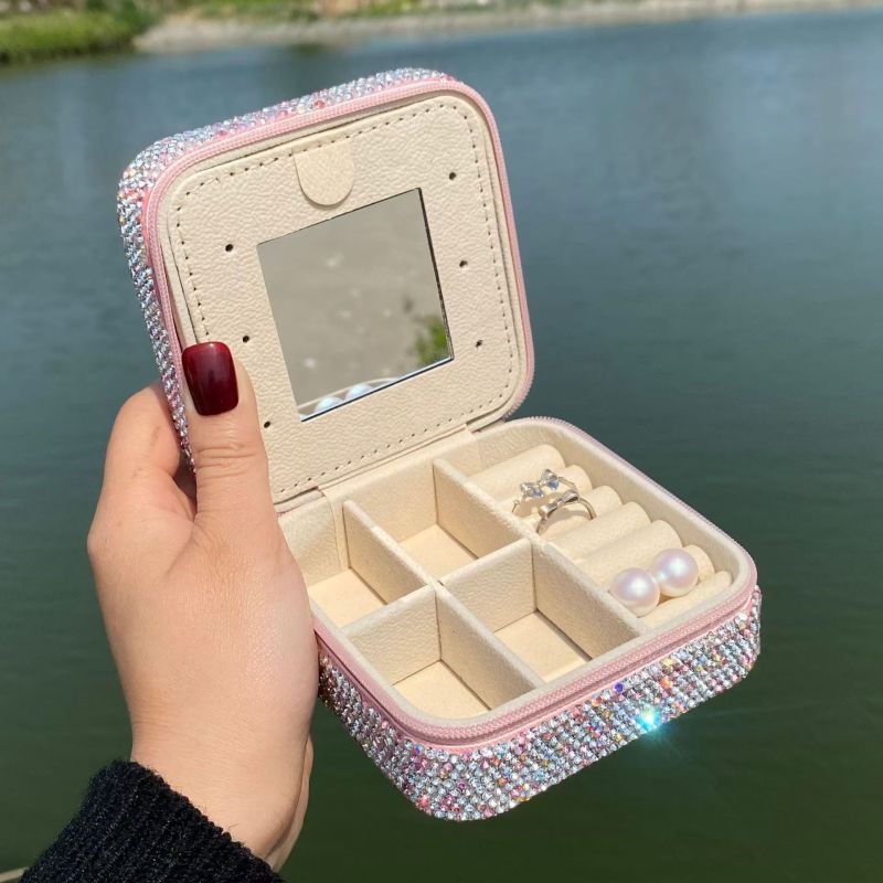 Luxury Diamond-Studded Mirror Multifunctional Ring, Earrings, Necklace, Square Jewelry Box