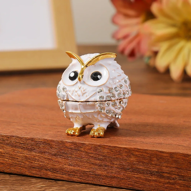 Owl Trinket Box Jewelry Box Hinged Collectible Animal Figurine Ring Necklace Holder Alloy Diamond Enamel Crafts Ornaments