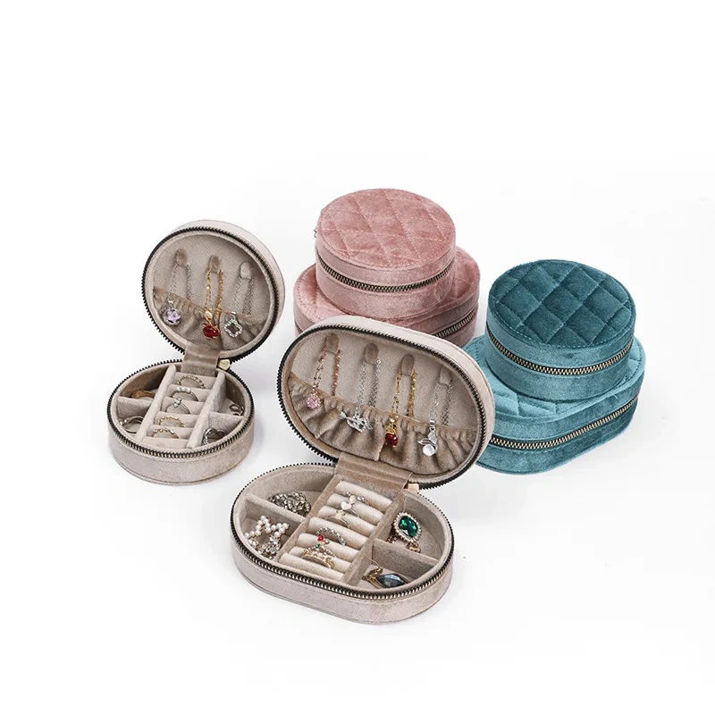 Fashionable, Multi-Functional, Portable And Exquisite Jewelry Box With Zipper Flip Cover, Oval And Round Jewelry Storage Box