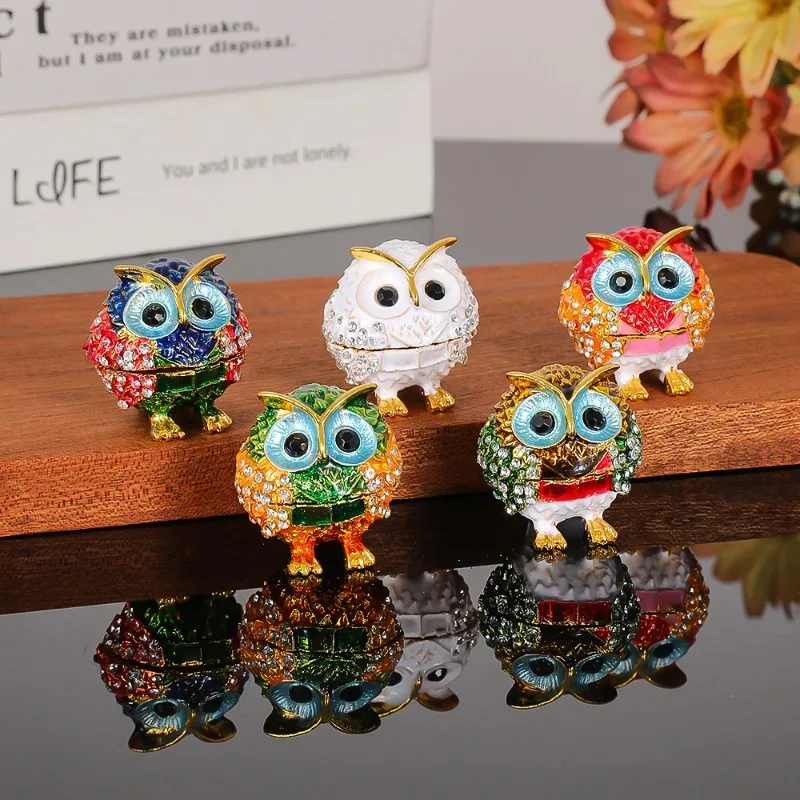 Owl Trinket Box Jewelry Box Hinged Collectible Animal Figurine Ring Necklace Holder Alloy Diamond Enamel Crafts Ornaments