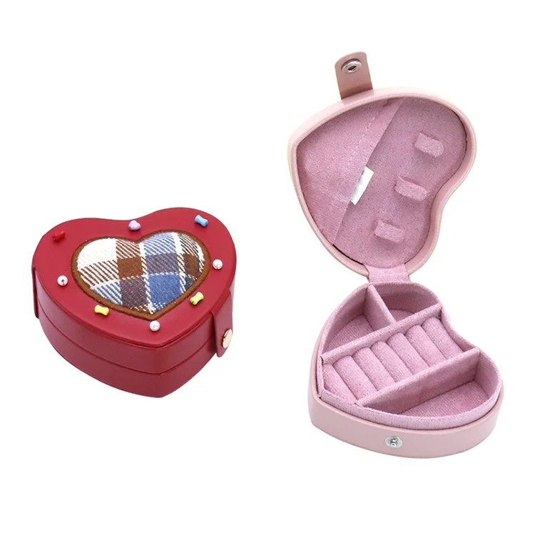 Red Heart Shape Premium Jewellery Boxes PU Leather with Faux Suede Lining for Ring Earring Bracelet Bulk Supply