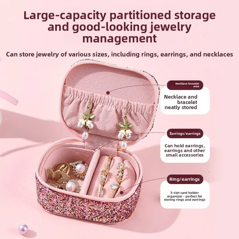 Compact PU Zipper Jewelry Box Polyester 3-6L Capacity for Storing High-End Women's Necklaces Earrings Rings-Mini Exquisite