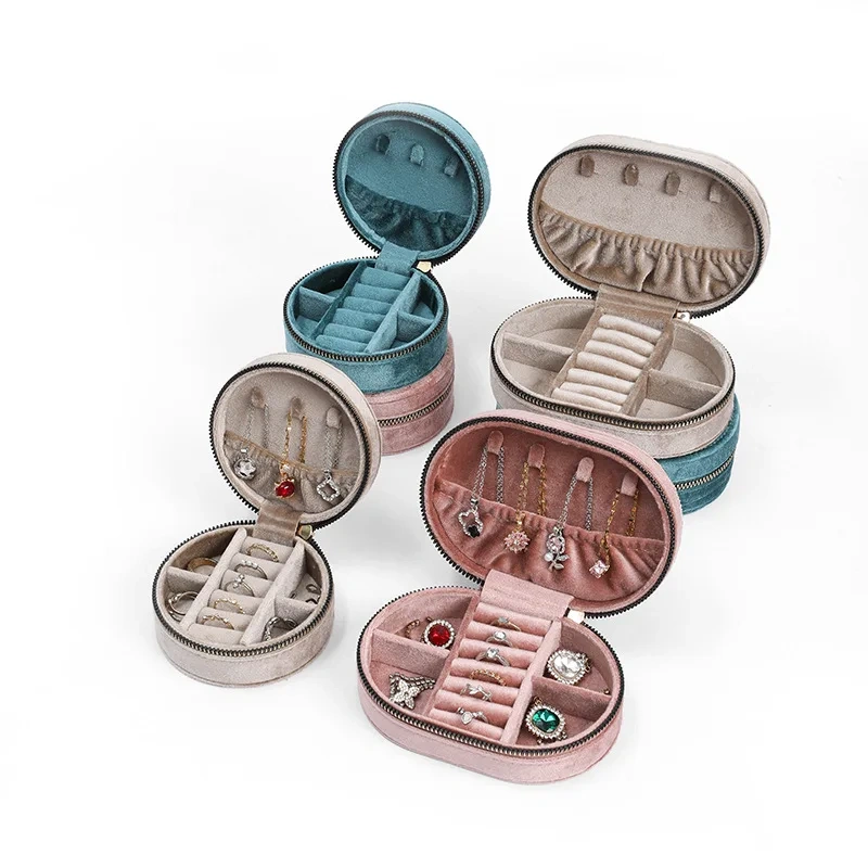 Fashionable, Multi-Functional, Portable And Exquisite Jewelry Box With Zipper Flip Cover, Oval And Round Jewelry Storage Box