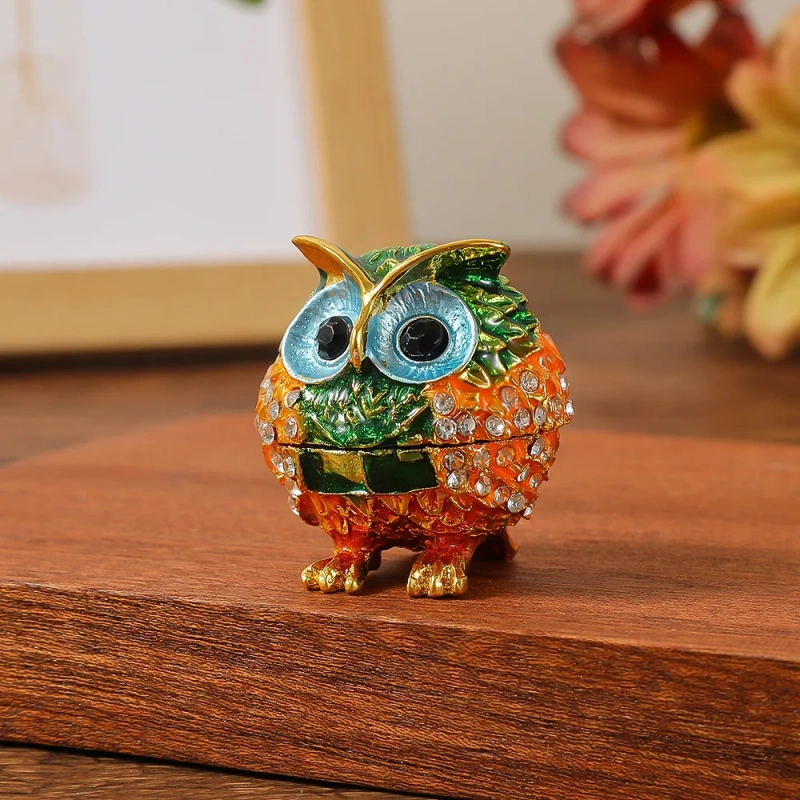 Owl Trinket Box Jewelry Box Hinged Collectible Animal Figurine Ring Necklace Holder Alloy Diamond Enamel Crafts Ornaments