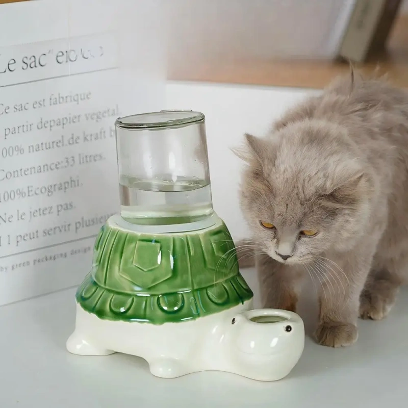 Elephant Turtle Designed Ceramic Water Bowl With Glass Bottle for Cats-Non-Slip Spill-Proof & Keeps Chin Dry
