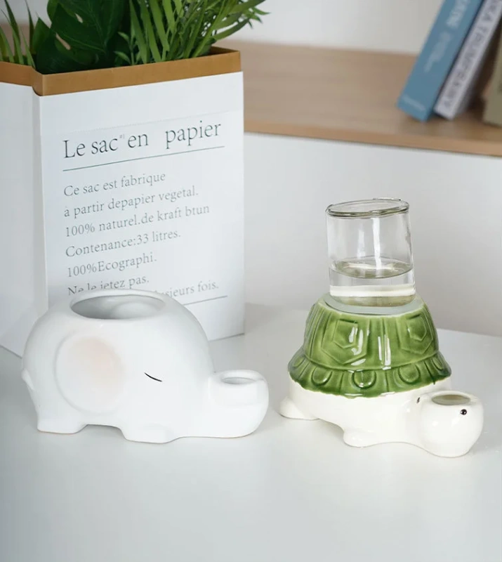 Elephant Turtle Designed Ceramic Water Bowl With Glass Bottle for Cats-Non-Slip Spill-Proof & Keeps Chin Dry