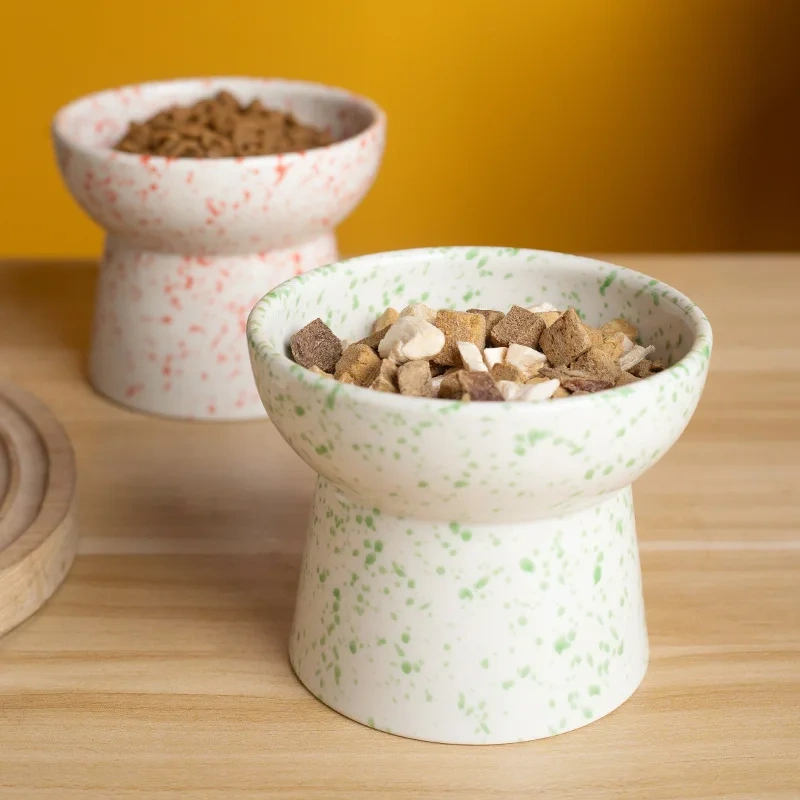 High Cat Bowl Ceramic Pet Bowl Neck Protection Flat Bowl Cat Food Bowl Dog Food Bowl Cat Feeder Pet Supplies