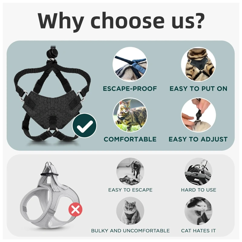 Escape Proof Cat Harness and Leash Set, Adjustable Breathable Mesh Cat Vest Harness for Walking Kitten, Medium & Large Cats