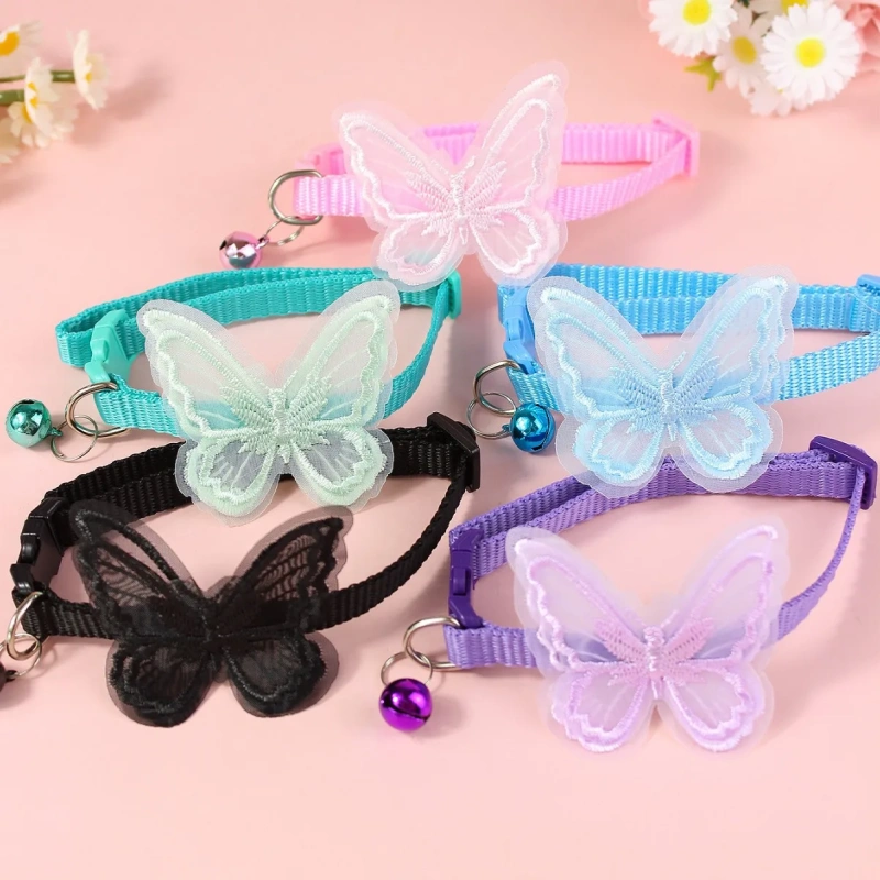 Adjustable Small Butterfly Necklace Ring for Cats Dogs Cute Polyester Chain Ribbon Accents Cat Dog Collar Pet Accessory