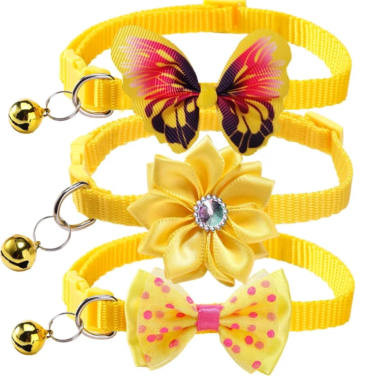 3pcs Floral Cat Collars with Adjustable Bell Bow Tie Decor Pink Cute Playful Polyester Pet Collars for Small Dogs Cats