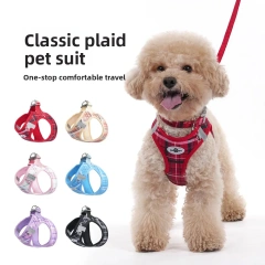 Classic Plaid Three-Piece Dog & Cat Traction Rope Vest with Anti-Stress Design