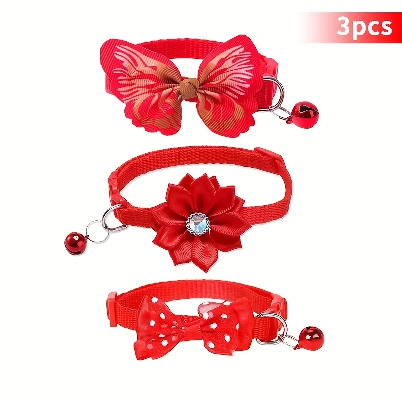 3pcs Floral Cat Collars with Adjustable Bell Bow Tie Decor Pink Cute Playful Polyester Pet Collars for Small Dogs Cats