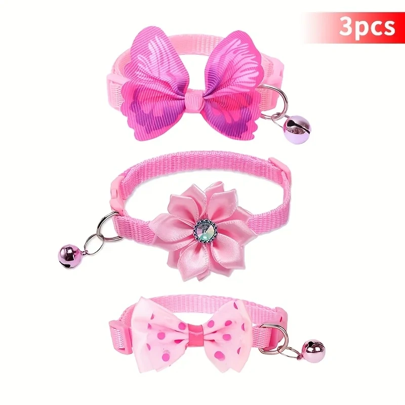 3pcs Floral Cat Collars with Adjustable Bell Bow Tie Decor Pink Cute Playful Polyester Pet Collars for Small Dogs Cats