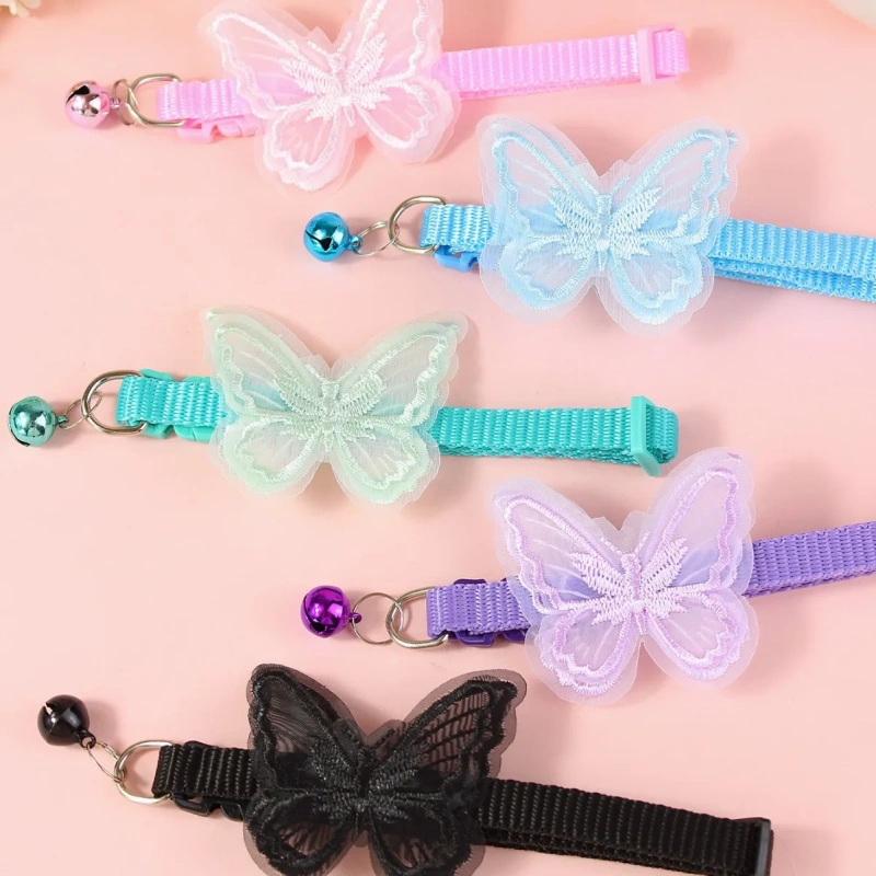 Adjustable Small Butterfly Necklace Ring for Cats Dogs Cute Polyester Chain Ribbon Accents Cat Dog Collar Pet Accessory