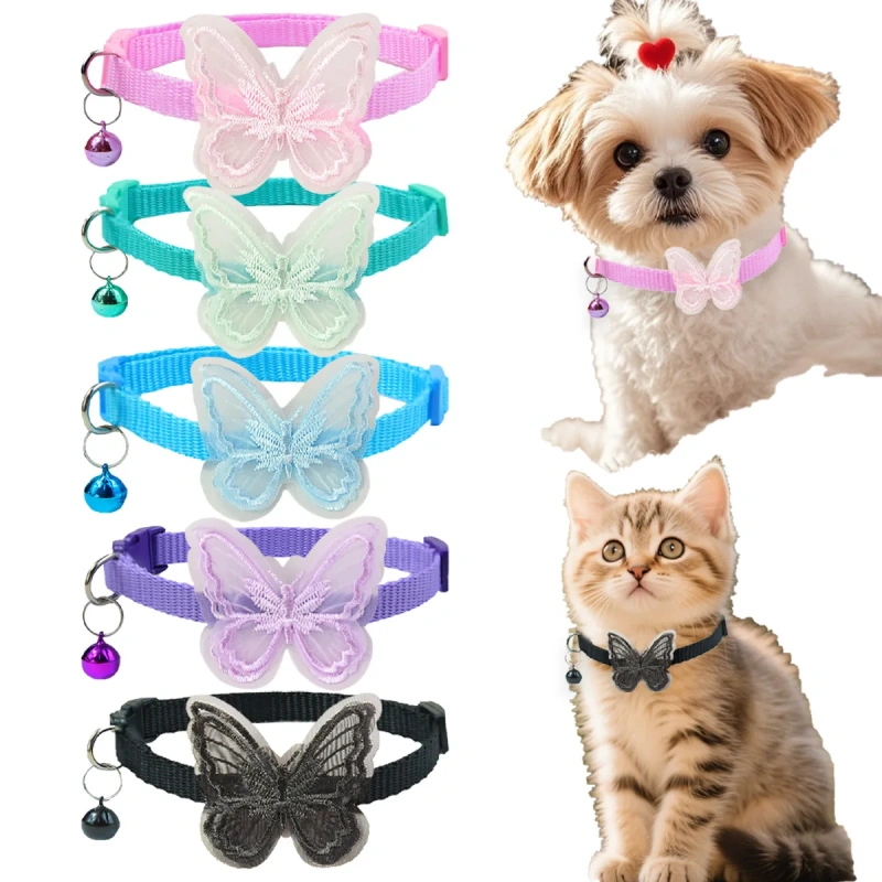 Adjustable Small Butterfly Necklace Ring for Cats Dogs Cute Polyester Chain Ribbon Accents Cat Dog Collar Pet Accessory